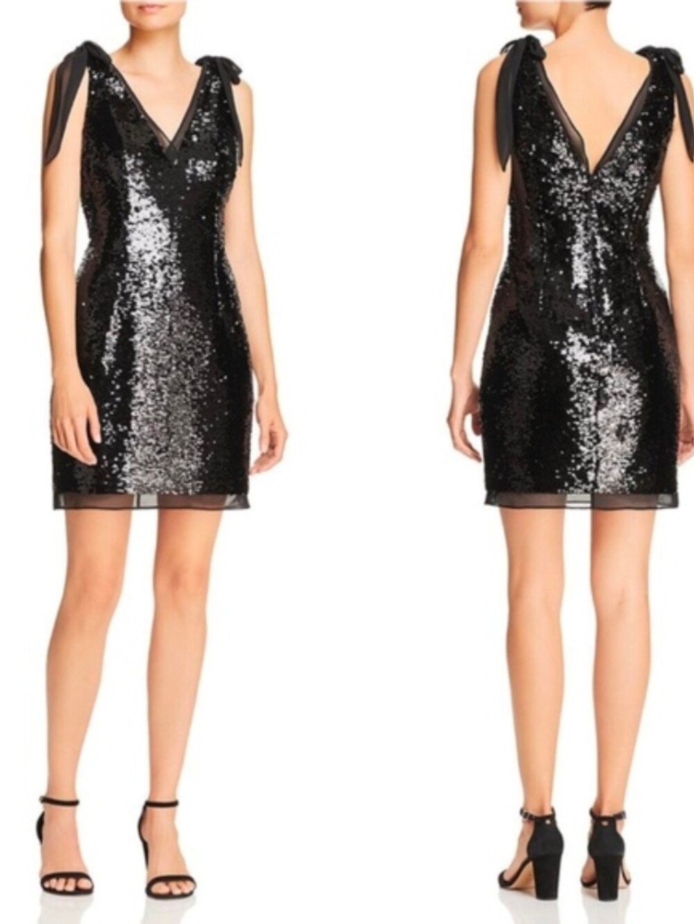 Aidan Mattox Black Sequin V-Neck tie shoulder Sleeveless Mini party Dress Size 0